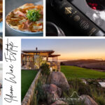 Collage of images of Idiom wine estate with a view over the Helderberg mountains, the False Bay ocean, their wine selection and various meals from their menu.